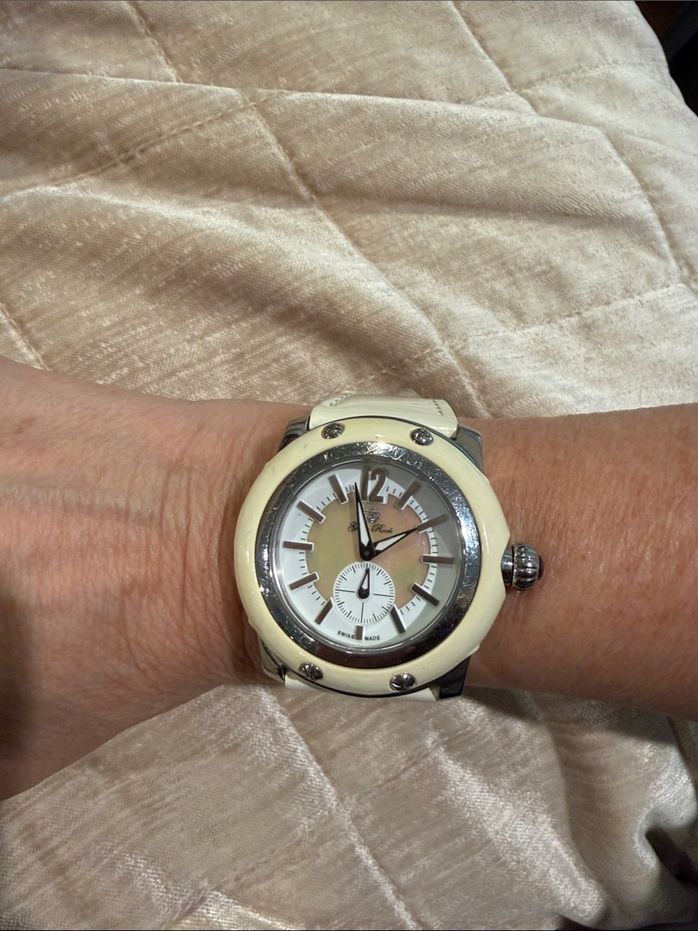 Glam Rock ivory watch patent strap also has black face cover